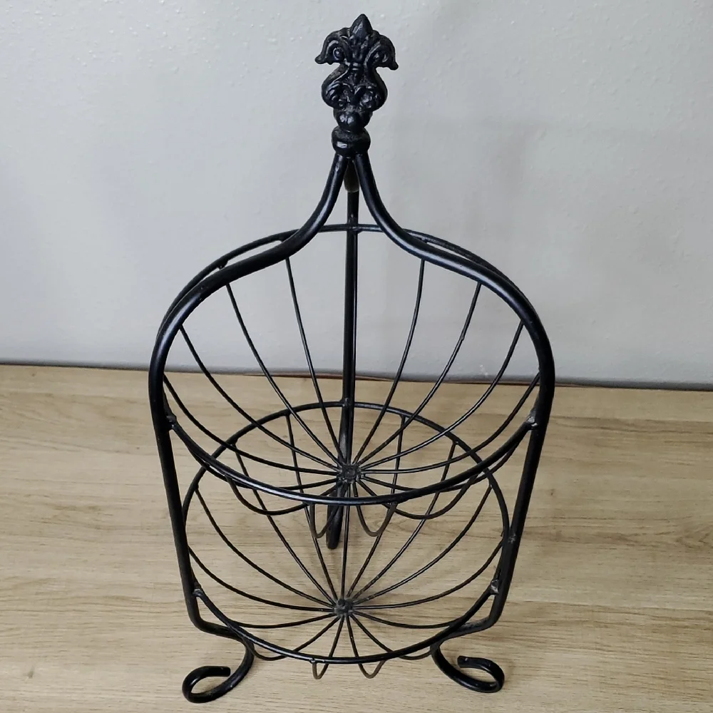 Black Metal 2 Tier Fruit Basket Stand Vegetable Basket Stand Bowl